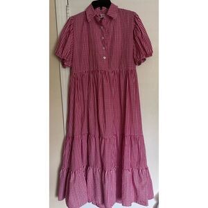 Bululu Resort Wear L / XL Barbados Gingham Short Sleeve Tiered Dress/ Red White